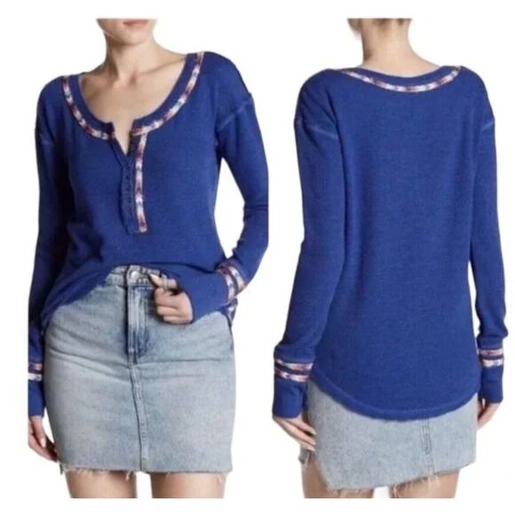 WE THE FREE Henley S Rainbow Trim Thermal Slouchy Rounded Hem Free People - Picture 8 of 8